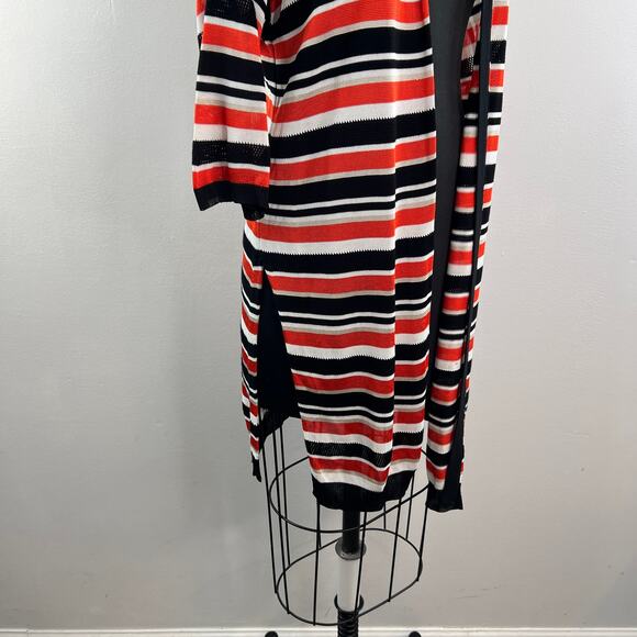 KAREN MILLEN Black Orange White Long Open Cardigan Stripe Side Slit Sz Medium M - Picture 9 of 12